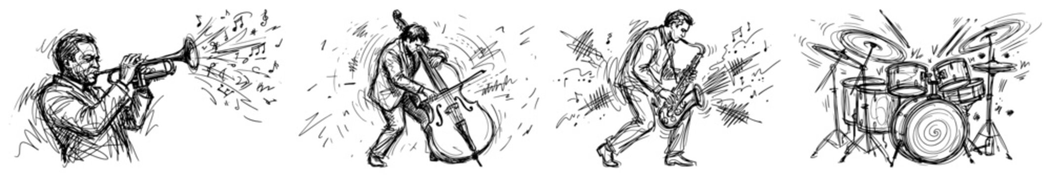 Jazz musicians playing instruments with musical notes in expressive sketch style