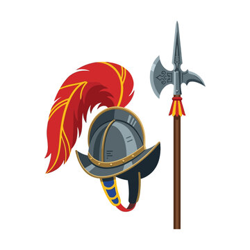 Medieval helmet with red feather plume and halberd vector illustration