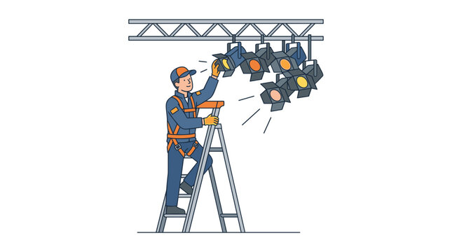Stage technician adjusting spotlights on a truss system from a ladder