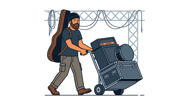Musician pushing a cart with sound equipment and guitar case