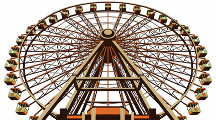 Flat Vector Illustration of a Large Ferris Wheel with Orange and Green Gondolas Against a White Background, Amusement Park Ride Structure Seen from Ground Level © titin