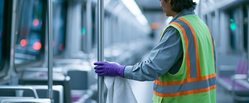 Worker cleaning inside public transportation vehicle