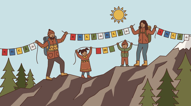Family Hanging Colorful Prayer Flags on Mountain Flat Style Vector Illustration