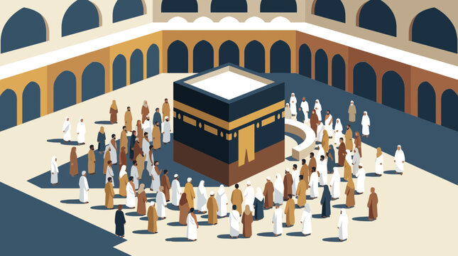 Pilgrims Circling the Kaaba During Hajj Flat Style Vector Illustration
