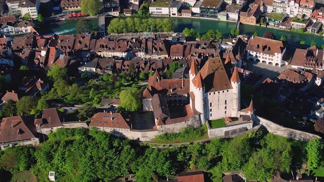 Aerial view around the old town of the city Thun, switzerland on a sunny spring morning
