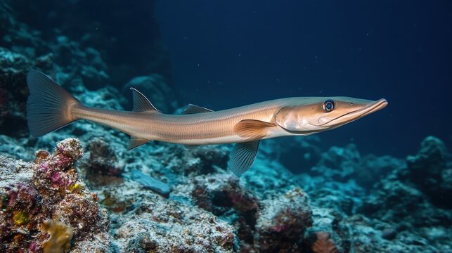 Slender remora swims gracefully above the rugged ocean floor.