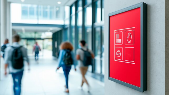 Safety sign in modern building hallway