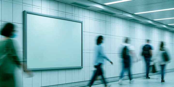Blurred people walking past blank billboard