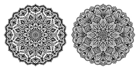 Floral mandala ornaments set with intricate geometric patterns in detailed line art style © Mago