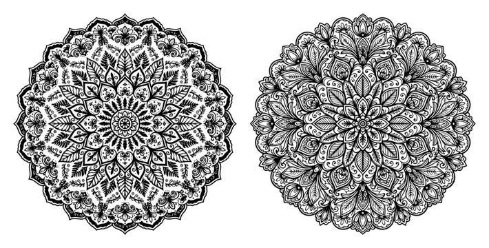 Floral mandala ornaments set with intricate geometric patterns in detailed line art style