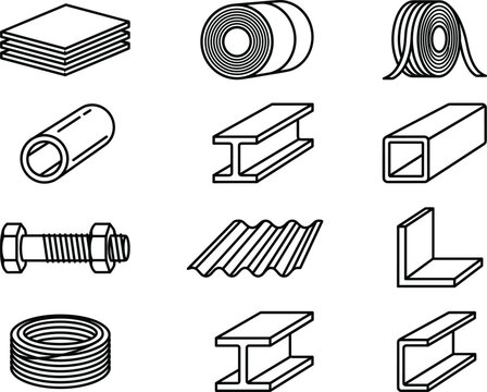 Metal rolled products and steel construction materials vector line icon set for metallurgy industry