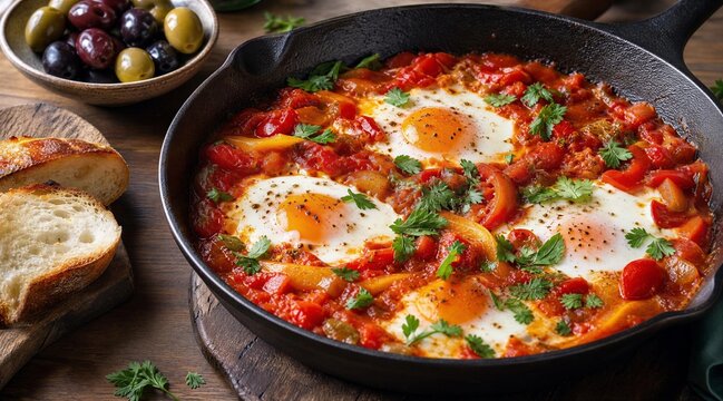 Homemade Shakshuka with Poached Eggs and Crusty Bread in Skillet