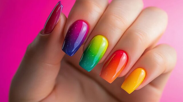 Nail art with rainbow gradient colors and rhinestones on fingertips for summer season inspiration and creativity