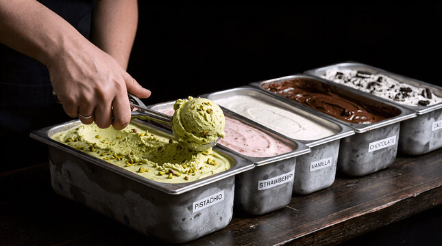 hands scooping an ice cream, pistcahio flavor dessert