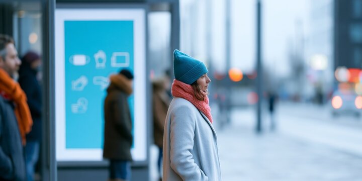 Woman waiting at urban bus stop