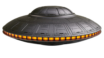 Detailed dark grey metallic flying saucer with orange glowing lights, isolated on transparent background © George