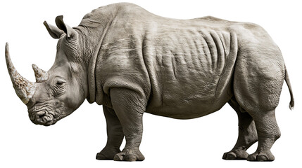Naklejka premium Large grey rhinoceros with prominent horn, isolated on transparent background