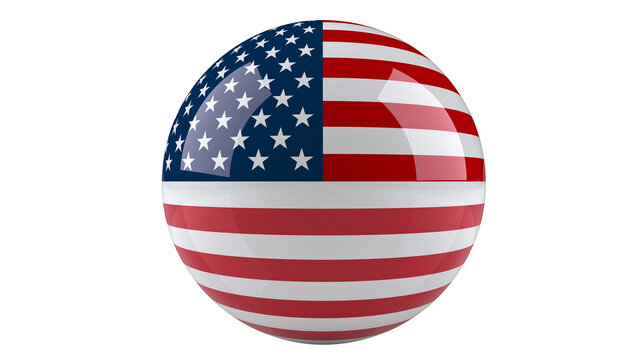Glossy sphere with American flag pattern, isolated on transparent background