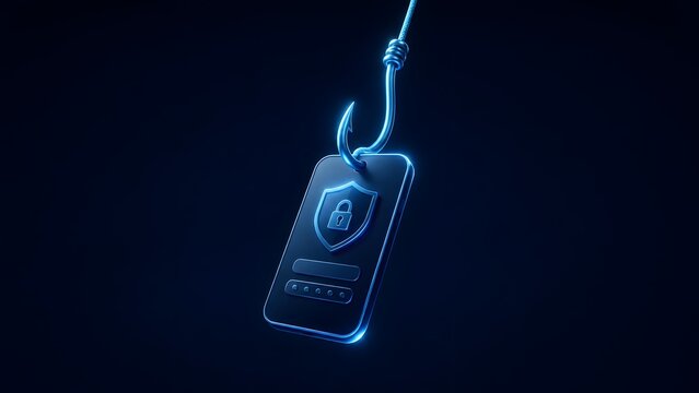 Neon blue fishhook catching a smartphone with padlock and password interface concept of mobile phishing and cyber security threat