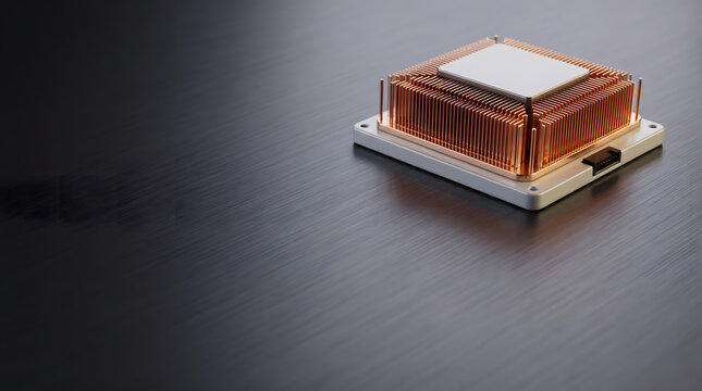 Sophisticated microchip with a copper heat sink, showcasing advanced engineering and computing power vital for next-generation technology and digital innovation