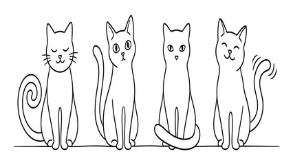 Cats sit in a row as a minimalist line art illustration featuring four distinct feline characters. © Sadee Girl