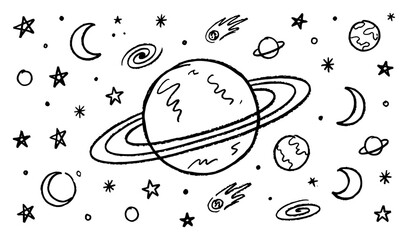 Outer space scene with planets stars and comets in simple child doodle style © Mago