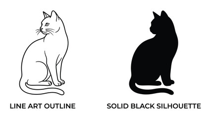 Cat stands as a side-by-side comparison between a detailed line art outline and a solid black silhouette. © Sadee Girl