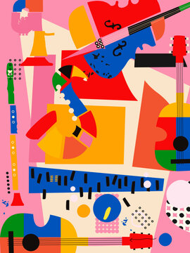 Abstract Music Background, vector illustration. Collage with musical instruments.