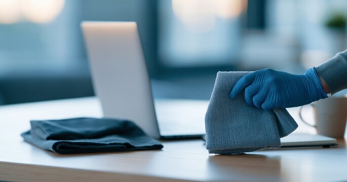 Person Cleaning Laptop Desk with Gloved Hand