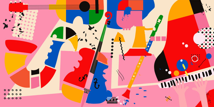 Abstract Music Background, vector illustration. Collage with musical instruments.