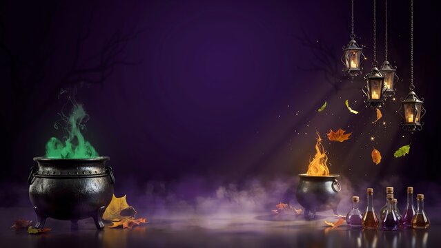 Halloween cauldrons bubbling with magic and fire surrounded by floating autumn leaves and mystic lanterns