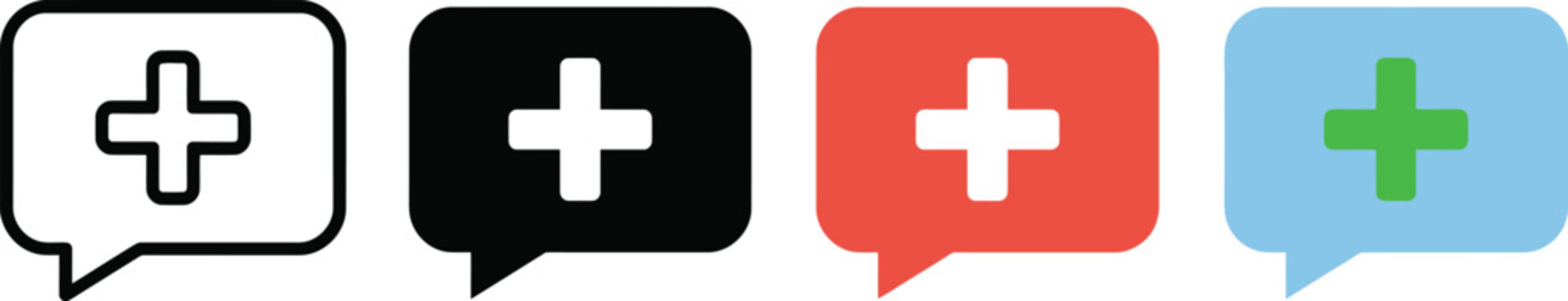 Speech bubble icons with plus sign in outline solid red and blue variants for communication design.