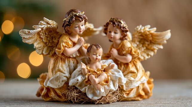 Three golden-winged angels cradle a baby in hay.