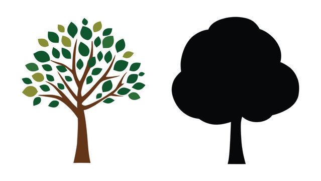 Trees are shown in a comparative graphic style featuring one detailed colored version and one solid black silhouette.