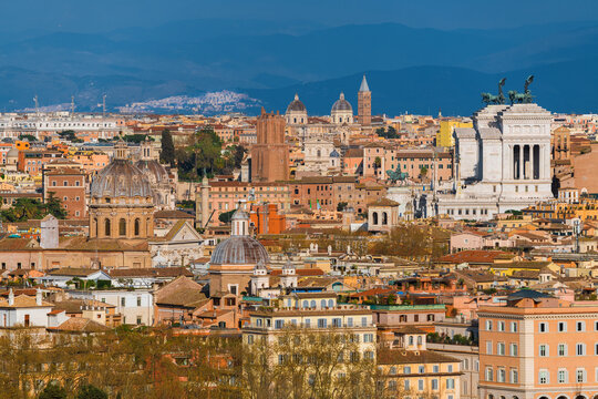 Rome historic center beautiful skyline from Janiculum Hill