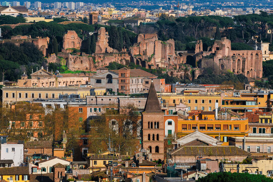 Rome historic center beautiful skyline with Baths of Caracalla ancient ruins