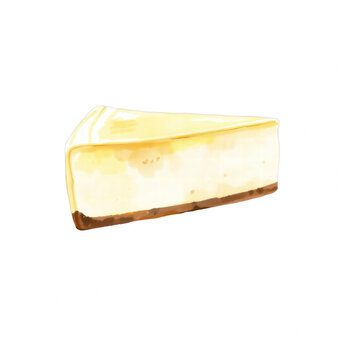 Watercolor slice of creamy cheesecake on black background