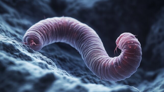 Microscopic view shows a segmented worm crawling across a textured surface.