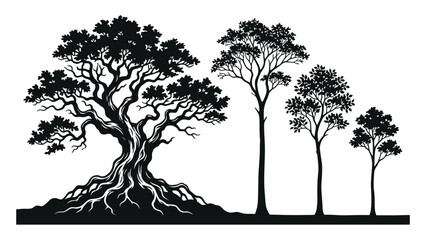 Trees display distinct silhouettes of various species arranged in a horizontal row on a white background. © Sadee Girl