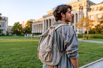 Fototapeta premium Young man stands on campus lawn.
