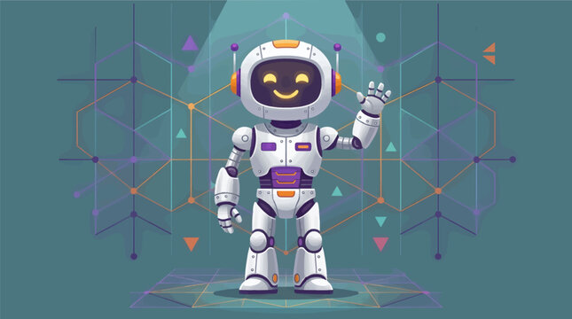 Cute Friendly Robot Waving Hello, Silver and White Android with Glowing Golden Eyes, Futuristic Technology Concept, Digital Network Background with Geometric Lines, Vector Illustration