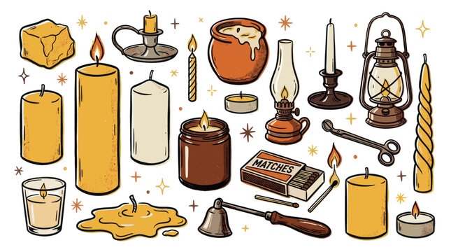 Various hand-drawn candles and lighting elements, including lanterns, matches, and candle snuffers, arranged on a clean white background