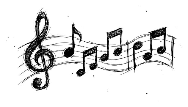 Musical notes and treble clef on wavy staff in hand drawn sketchy style