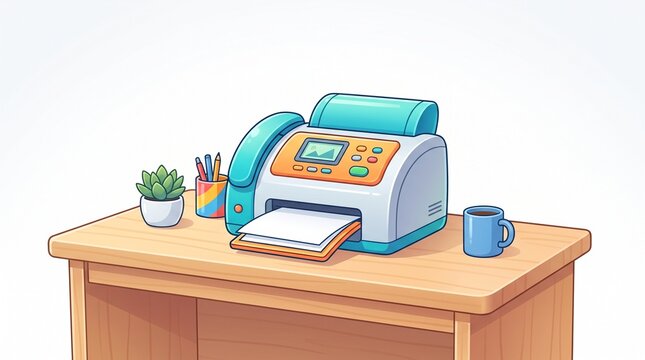 Colorful office printer and fax machine on wooden desk