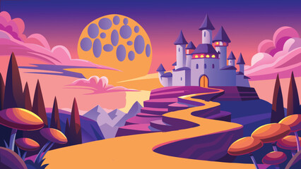 Fantasy castle on a hill during sunset with a winding path and magical landscape vector illustration © CreativeKamrul