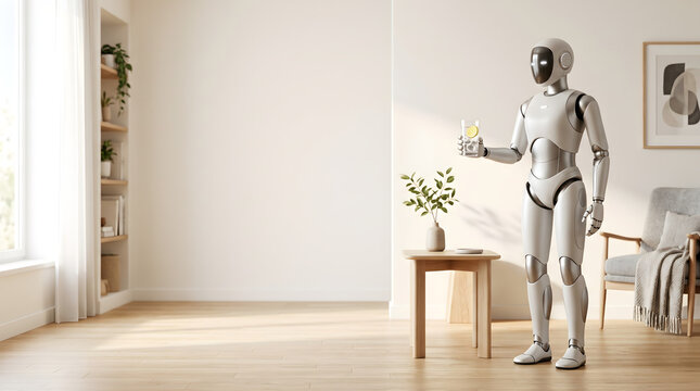 Advanced humanoid robot serves a refreshing drink in a bright, modern minimalist smart home, embodying future domestic assistance and integrated intelligent living