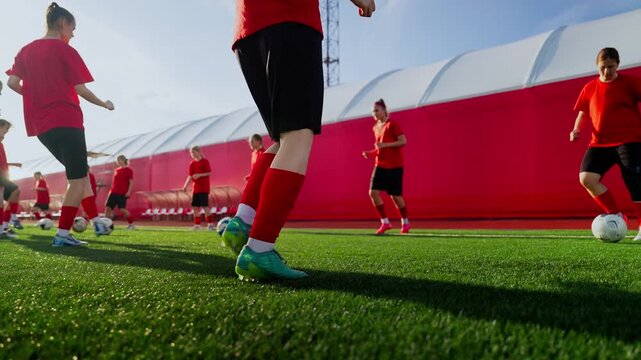 Intense womens soccer training session on modern artificial pitch with coordinated footwork drills, ball control practice, and team warmup under bright daylight