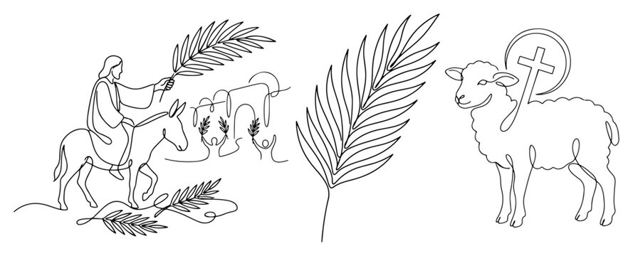 Religious symbols including Palm Sunday scenes and Lamb of God in continuous line art style
