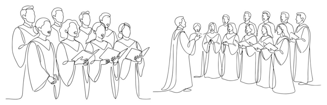Choir ensemble singing with conductor in minimalist continuous line art style