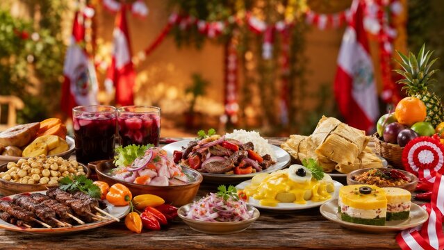 Traditional Peruvian food feast on a wooden table with ceviche, anticuchos, and causa, decorated for Fiestas Patrias national holidays celebration in an outdoor courtyard at sunset with red bunting.